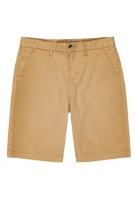 Khaki shorts van katoen, met een knoopsluiting, riemlussen en twee voorzakken. Glad textuur met een klassieke rechte snit.