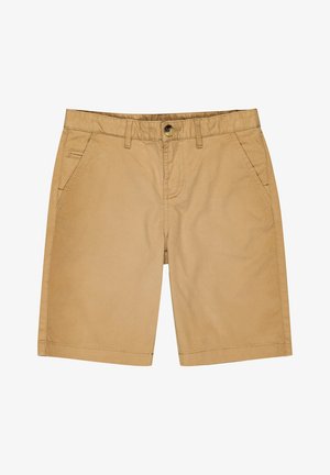 Világosbarna rövidnadrág könnyű anyagból, gombos lezárással, két első zsebbel és tiszta, egyenes szegéllyel. Egyszerű kialakítás, minták nélkül.