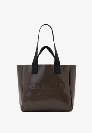 Borsa a spalla lucida marrone con manici in tessuto neri. Presenta la scritta in rilievo "ALLSAINTS LONDON" sul fronte e ha una forma rettangolare.