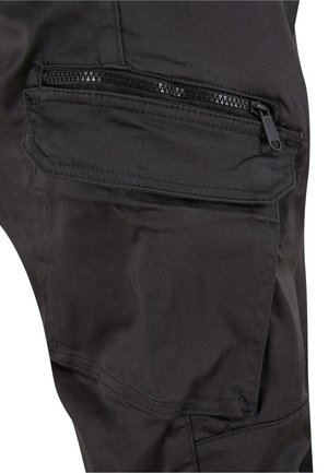 Black cargo pants with a zippered pocket. Material appears smooth and durable, featuring stitched seams and a structured fit.