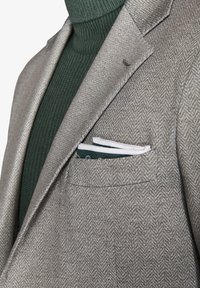 Grå hørfrakke med notched klapputskæringer, parret med en mørkegrøn ribbet turtleneck. Lommetørklæde i hvid og grøn synligt i brystlommen.