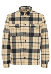 Plaid flannel shirt in beige, black, and brown tones, featuring two chest pockets, a collar, and button closures along the front.