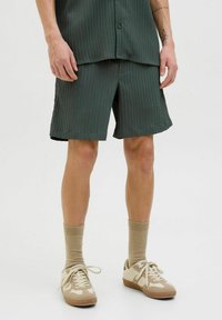 Ensemble chemise à rayures vertes et shorts ; tissu léger ; shorts avec ourlet et fentes latérales ; associé à des baskets beiges et des chaussettes côtelées beiges.