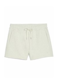 Pantalones cortos de algodón gris claro con una cintura elástica, cordón ajustable y bolsillos laterales. Textura suave con un mínimo de marca.