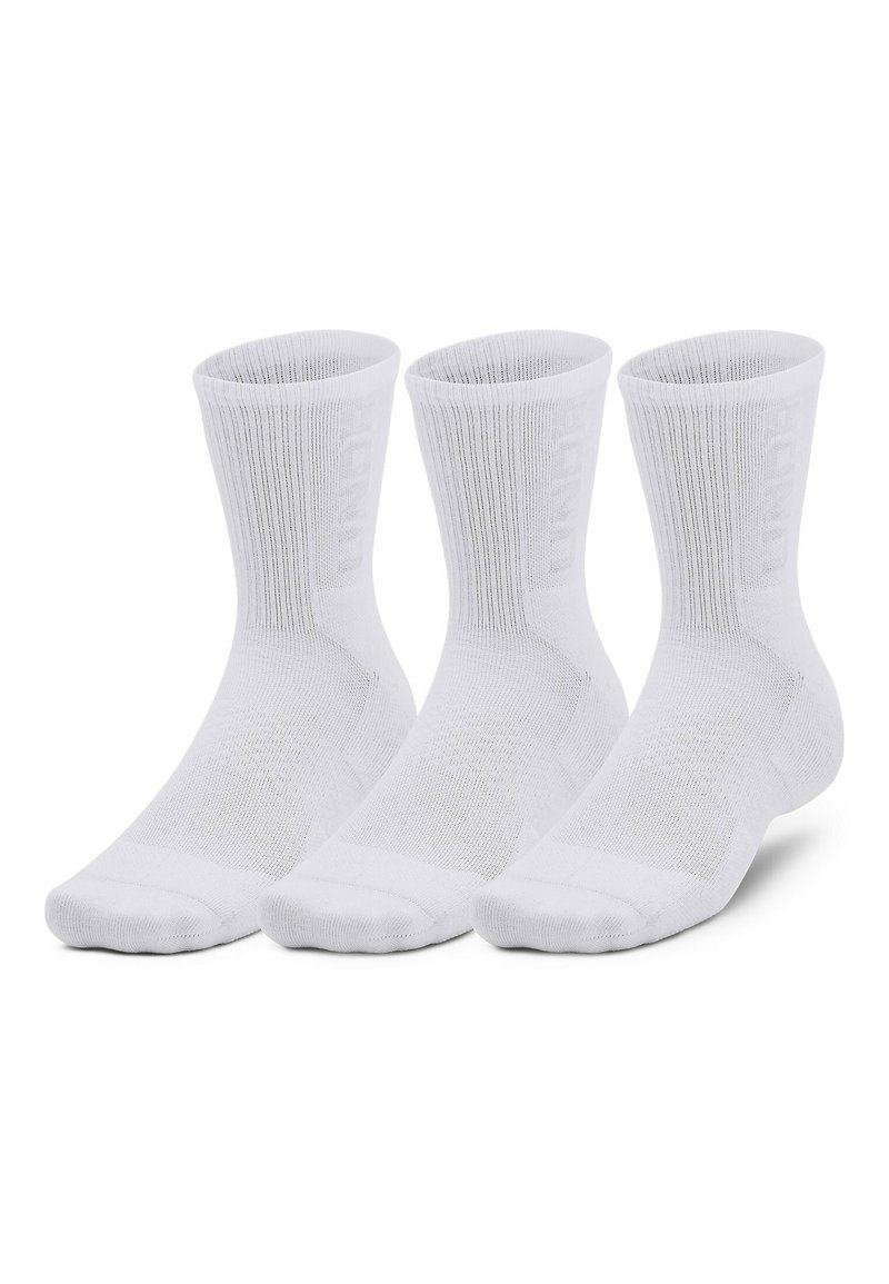 Tres pares de calcetines de algodón blanco, de longitud hasta la pantorrilla, con textura acanalada y un sutil logotipo en el lado. Diseño liso sin patrones.