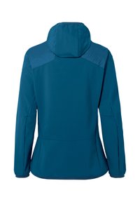 Veste à capuche bleu sarcelle avec manches longues, taille cintrée et panneaux d'épaule renforcés, vue de dos sur fond blanc.