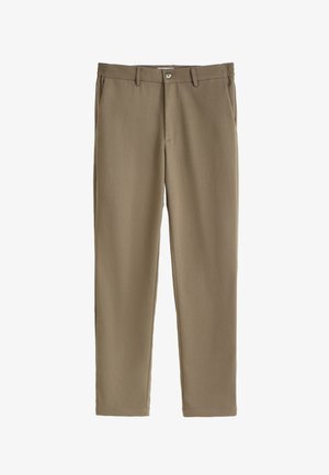 Pantalon kaki à texture lisse, doté d'une ceinture élastique et d'une fermeture par bouton. Coupe droite sans motifs ni accents visibles.