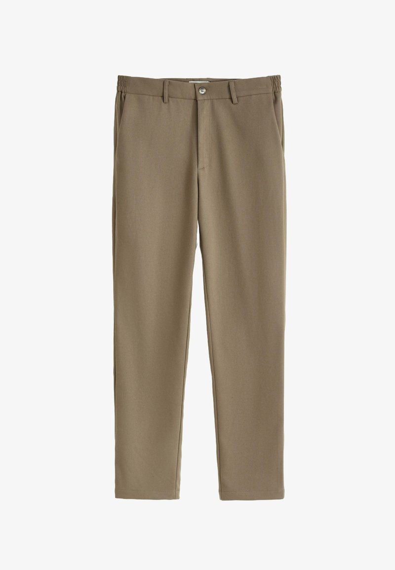 Pantalon kaki à texture lisse, doté d'une ceinture élastique et d'une fermeture par bouton. Coupe droite sans motifs ni accents visibles.