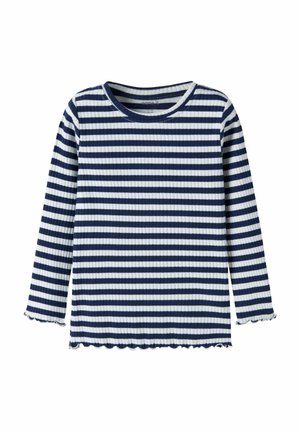 Striped long-sleeve shirt in navy and white, ribbed texture, scalloped hem, round neckline, and fitted design.