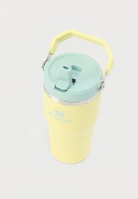 Κίτρινο θερμός από ανοξείδωτο ατσάλι με ανοιχτό μπλε καπάκι και αντίστοιχη λαβή. Διαθέτει άνοιγμα για καλαμάκι και λογότυπο στο πλάι.