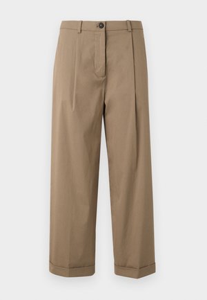Brown, wide-leg trousers featuring a flat front with pleats, a button closure, and turned-up cuffs, made from smooth fabric.