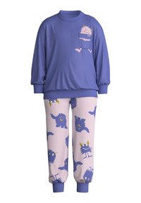 Lila Sweatshirt mit einem Monster-Graphic auf der Brust, kombiniert mit rosa Hosen, die blaue Monster-Muster aufweisen. Hergestellt aus weichem, atmungsaktivem Stoff.