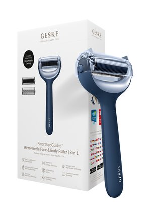 Blå Geske SmartAppGuided Microneedle ansigts- og krop roller med køletilbehør ved siden af dens hvide produktæske.