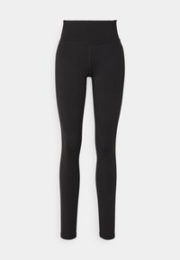 Leggings neri a vita alta realizzati in materiale elastico, con una texture liscia e un design aderente. Nessun motivo o dettaglio visibile.