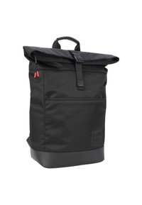 Zaino nero a forma di rullo con tasca frontale con cerniera, spallacci regolabili, manico imbottito e pannello inferiore rinforzato.