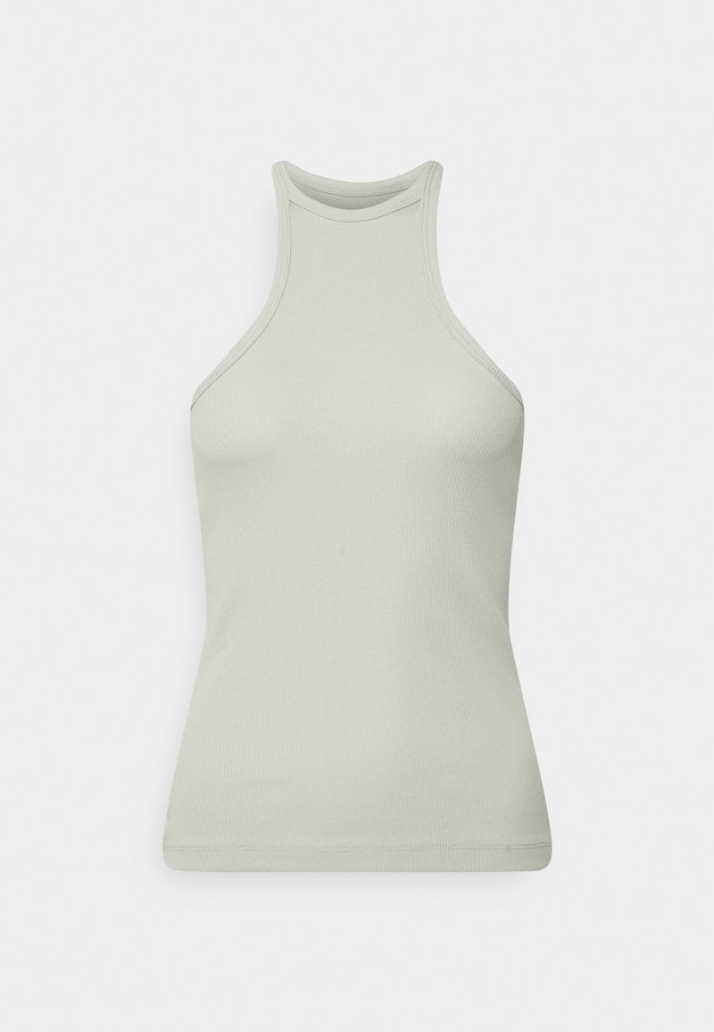 Top sem mangas, em verde claro, com um pescoço alto, textura canelada, design ajustado e bordas limpas. Sem padrões visíveis ou detalhes em metal.