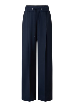 Navy blue wide-leg trousers with an elastic waistband and drawstring. Made from a smooth, lightweight fabric with subtle draping.