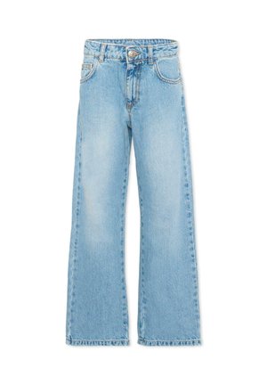 Lichtblauwe denim jeans met hoge taille, knoop- en ritssluiting, voorzakken en een rechte pijp, afgebeeld tegen een witte achtergrond.