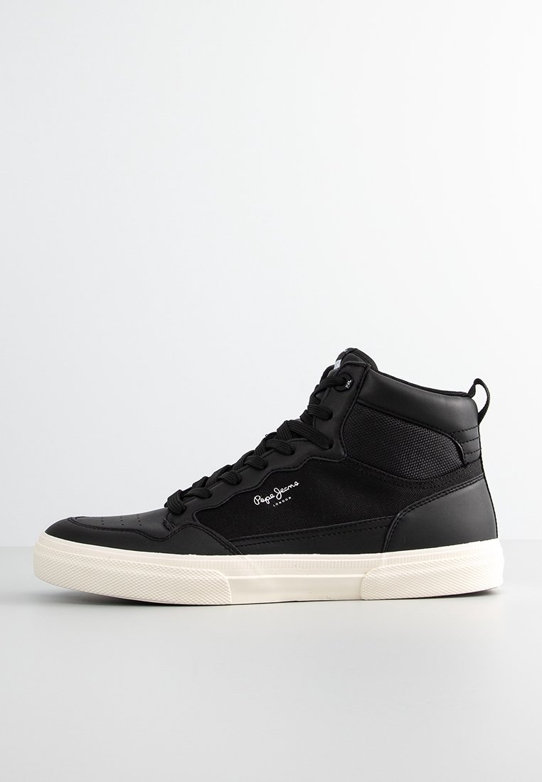 Black high-top sneaker with a textured leather and fabric upper, white rubber sole, and logo detail on the side. Features laces and reinforced stitching.
