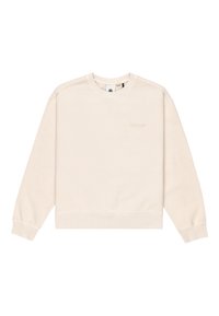 Felpa beige realizzata in tessuto misto cotone, con collo a girocollo a costine, maniche lunghe e un logo discreto sul davanti.
