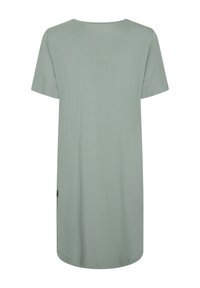 Lysegrøn kjole med korte ærmer og knælængde, rund halsudskæring, vist bagfra mod en ensfarvet hvid baggrund.