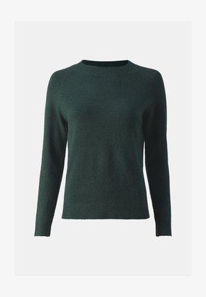 Green sweater with long sleeves, rounded neckline, and ribbed hem. Made from soft, textured fabric with a smooth finish.