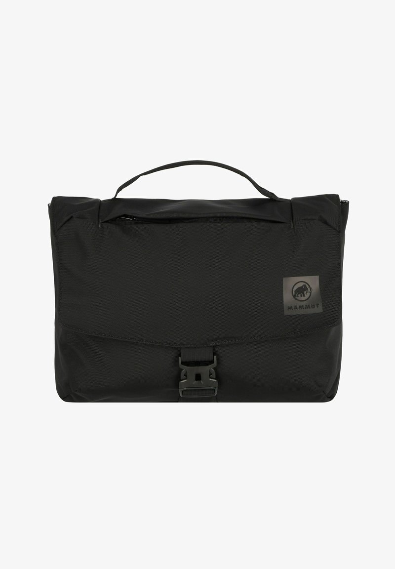 Borsa a tracolla nera realizzata in tessuto testurizzato, con chiusura a pattina e fibbia in plastica, dotata di un logo sulla parte frontale. Manico sulla parte superiore.