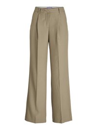 Beige weit geschnittene Hose mit hoher Taille, Bundfalten und einer glatten Stoffstruktur. Klassisches Design mit maßgeschneiderter Verarbeitung.