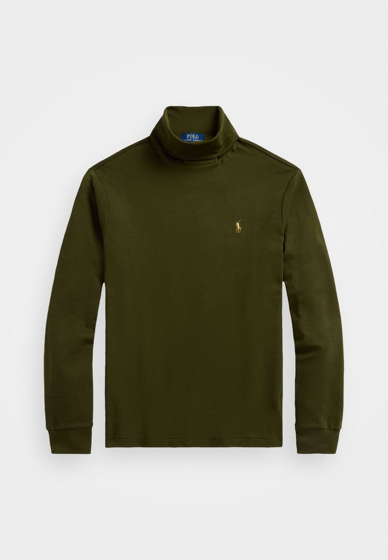 Ελαιόχρωμο πουλόβερ με ψηλό γιακά, μακριά μανίκια, φτιαγμένο από μαλακό ύφασμα, με μικρό κεντημένο λογότυπο στο στήθος και ραμμένο γιακά.