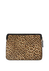 Leopard print clutch with a textured surface, black zipper, and trim. Rectangular shape, suitable for carrying small items.