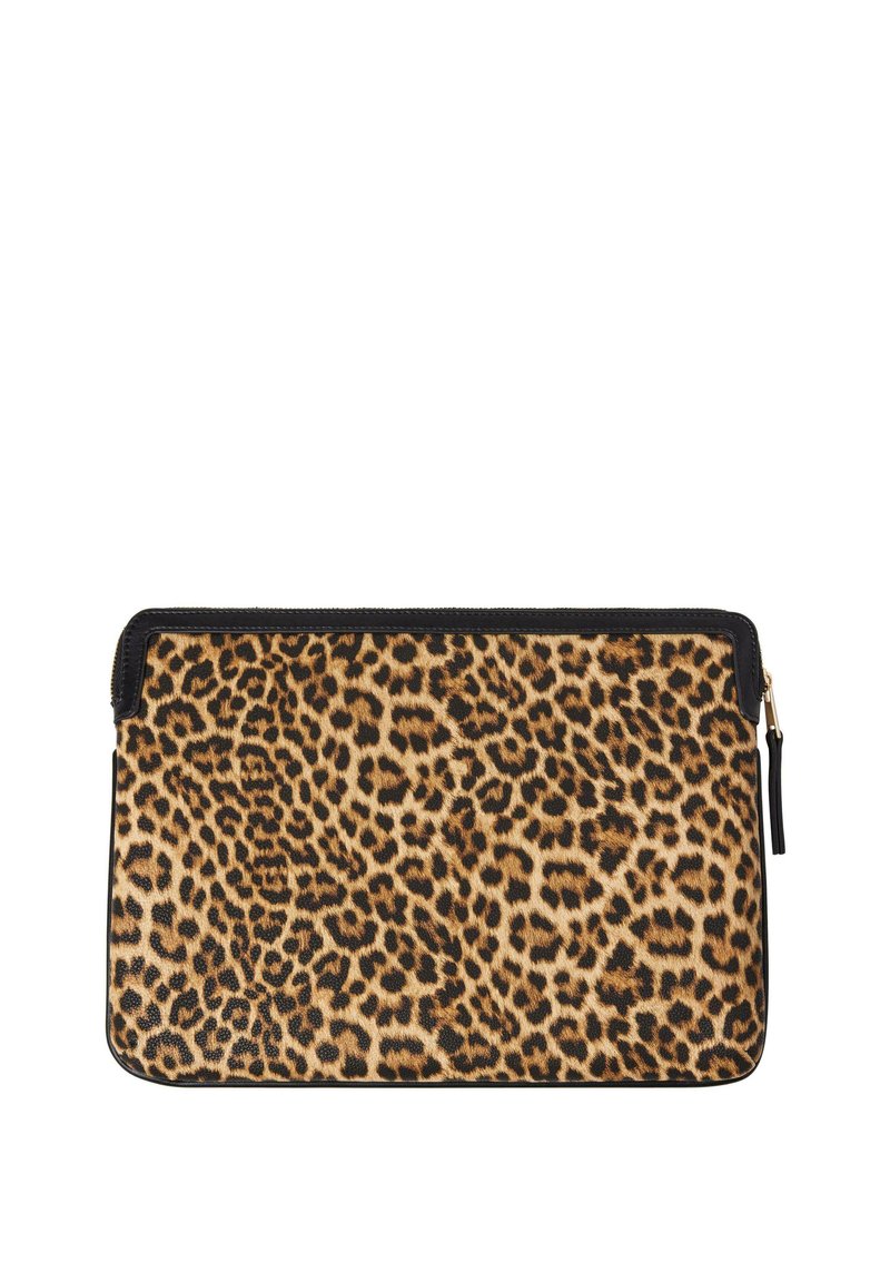 Leopard print clutch with a textured surface, black zipper, and trim. Rectangular shape, suitable for carrying small items.