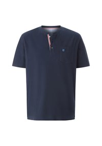 Navy blue short-sleeve polo shirt, cotton material, with a placket, red and white stripe detail at the neckline, and a chest pocket.