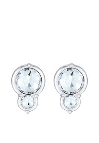 Silberne Ohrringe mit zwei runden, klaren, facettierten Kristallen – einer größer, über einem kleineren, mit glatten, runden Metallfassungen.