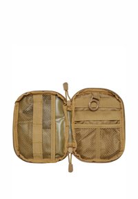 Beige glidelåsorganizer med mesh-lommer, elastiske stropper og en klipsring. Teksturert stoff på utsiden og glatt interiørforing.