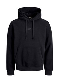 Schwarzer Hoodie aus Baumwollmischgewebe. Mit einer Vordertasche, verstellbaren Kordeln und dem Logo "JACK & JONES" in dunkler Druckfarbe.