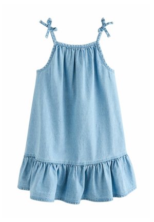 Světle modré džínové šaty bez rukávů s nastavitelnými zavazovacími ramínky a volánovým lemem, navržené pro každodenní nošení.