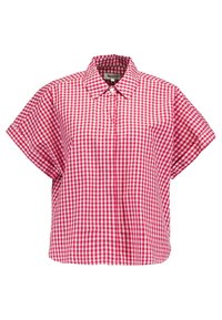 Chemise à manches courtes en vichy rouge et blanc, col classique, coupe ample et carrée, dotée d'une patte de boutonnage et d'une coupe décontractée et fluide.