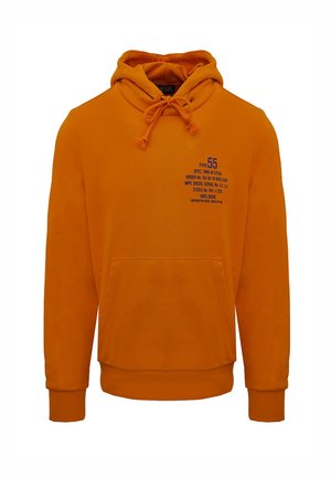 Sweat à capuche orange vif avec poche kangourou à l'avant, capuche à cordon de serrage et petit texte imprimé bleu sur le côté gauche de la poitrine.