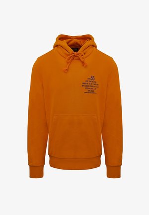 Sweat à capuche orange vif avec poche kangourou à l'avant, capuche à cordon de serrage et petit texte imprimé bleu sur le côté gauche de la poitrine.