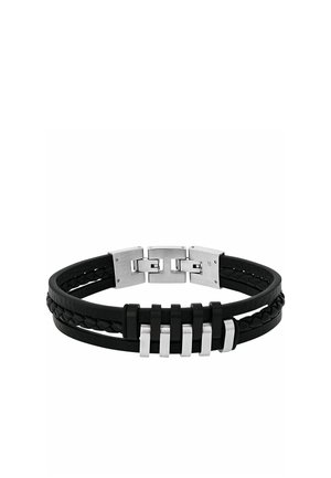 Schwarzes Lederarmband mit geflochtenen und glatten Bändern, mit fünf silbernen rechteckigen Metallelementen und einem silbernen Verschluss.