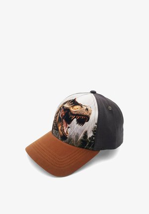 Baseballcap mit braunem Schirm und dunklen Paneelen mit einem detailreichen, brüllenden T-Rex-Dinosaurier auf dem Vorderpanel.