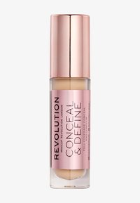 Liquid concealer in a clear glass bottle with a pink and gold metallic cap. Contains text: "Revolution Conceal & Define." Smooth texture.