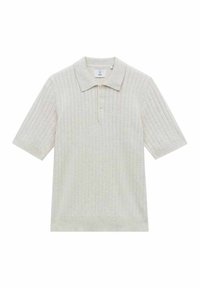 Ljust grått ribbat poloärmar med korta ärmar, tre-knapp placket och subtil textur överallt. Lämplig för avslappnad användning.