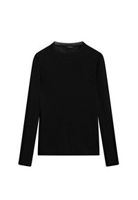 Black long-sleeve T-shirt made from cotton, featuring a crew neckline and a smooth texture. Minimalist design with no patterns or accents.