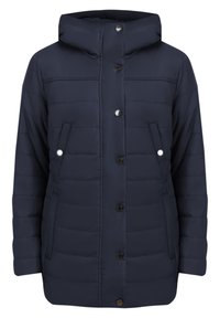 Mörkblå puffjacka med huva, försedd med tryckknappar och två fickor, quiltad textur och rak skärning.