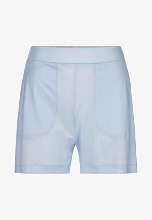 Light blue shorts made from soft fabric, featuring an elastic waistband, two front pockets, and a relaxed fit.