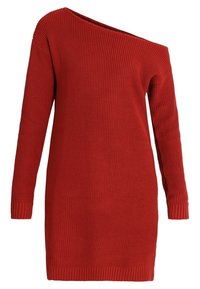 Rotes gestricktes Sommerkleid mit einseitigem Design, langen Ärmeln, gerippter Textur und geradem Saum. Dicker Stoff mit einem gemütlichen Aussehen.