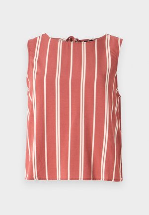 Red tank top with vertical white stripes, round neckline, and a tie detail at the back. Made of lightweight fabric, features a relaxed fit.