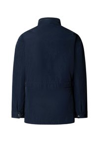 Marineblå langærmet jakke med høj krave, knaplukket manchetter og justerbare sideklapper vist fra bagsiden på en hvid baggrund.