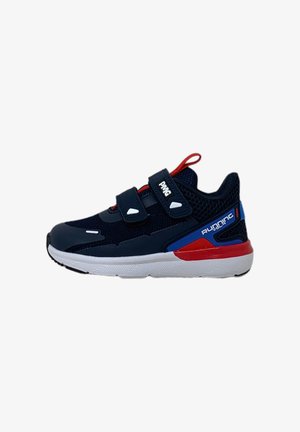 scarpe da corsa navy con accenti rossi e bianchi, tessuto in rete, doppie cinghie con chiusura a velcro e suole in gomma texturizzata per aderenza.